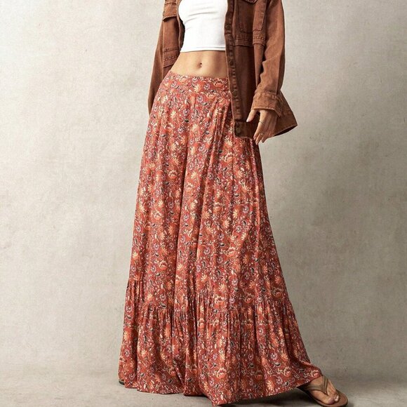 Multicolor Boho Women's Vacation Floral Print Wide Leg Loose Pants - Picture 5 of 8